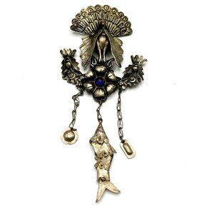 Vintage Peruvian Silver Peacock Tupu Brooch – XL Shawl Pin with Articulated Fish